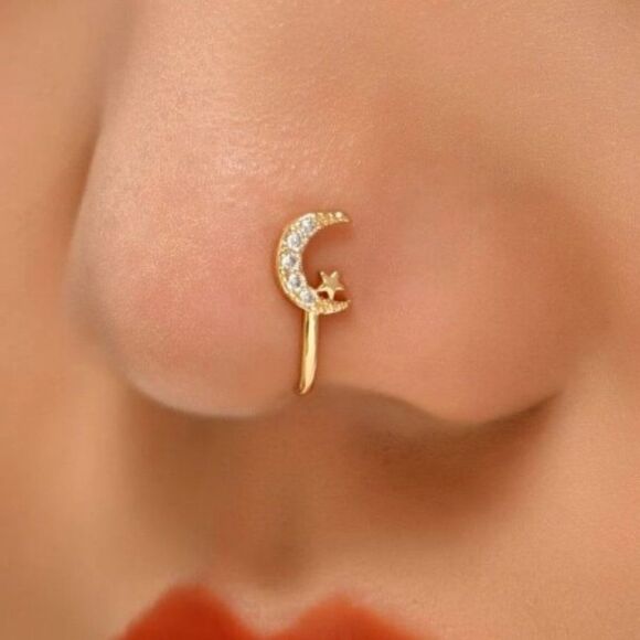 GOLD CRESCENT MOON DIAMOND STAR NOSE RING - Picture 1 of 4